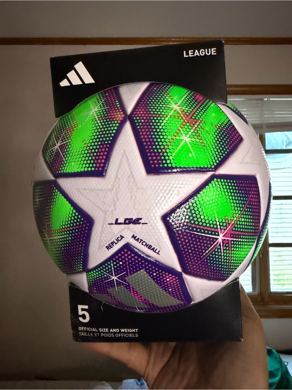 adidas White Soccer Ball with Green and Purple Star Accents